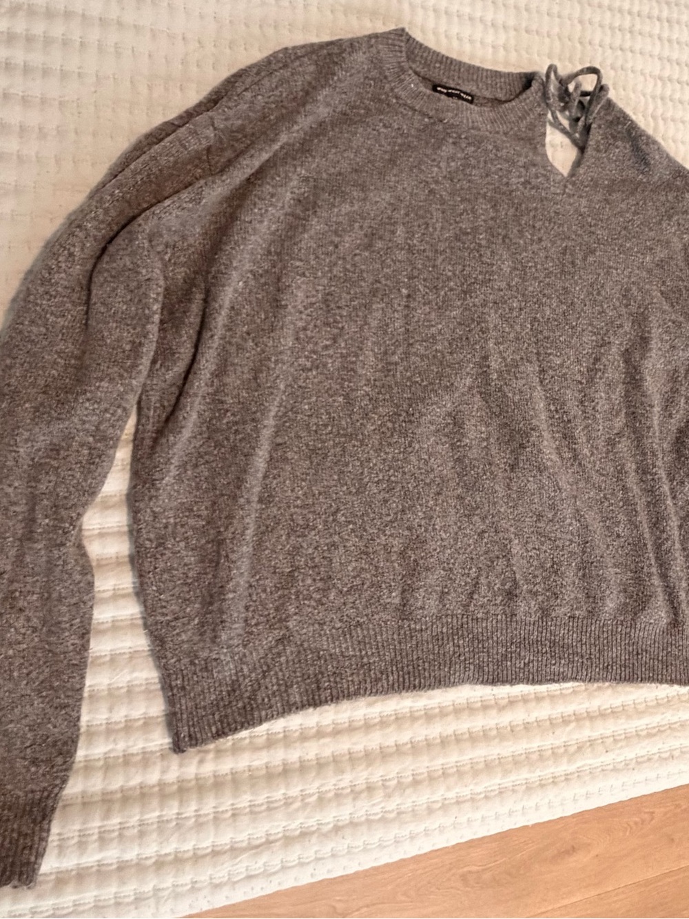 Who What Wear Heather Gray Crewneck Sweater with Shoulder Tie